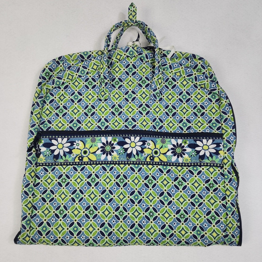 VTG Vera Bradley Hanging Garment Bag Daisy Green Blue Floral Double Handle Strap